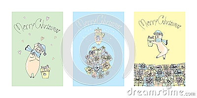 Trio of pigs Christmas and New Year gifts Vector Illustration