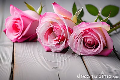 Three pink roses on white background. Symbol of love and beauty. Perfect for various projects Stock Photo