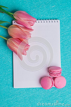 Three pink tulips and three pink macaroons Stock Photo