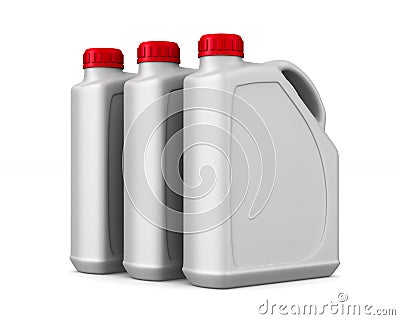 Three plastic canisters motor oil on white background. Isolated Cartoon Illustration