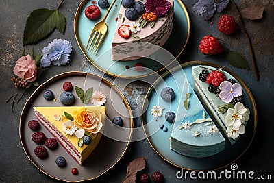 three plates with cakes on them and flowers and berries on the plates next to the plates with the cake on them are decorated with Stock Photo