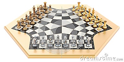 Three Player Chess Set with metallic chess figures. 3D rendering Stock Photo