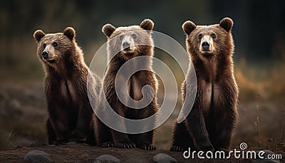 Three playful panda cubs sitting in grass generated by AI Stock Photo