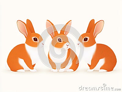 Three playful red rabbits standing on a white background captured in a minimalistic style with smooth textures and natural colo Cartoon Illustration