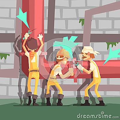 Three Plumbers At Work Funny Scene Vector Illustration