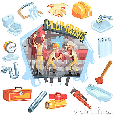 Three Plumbers At Work Surrounded By Profession Related Objects Vector Illustration