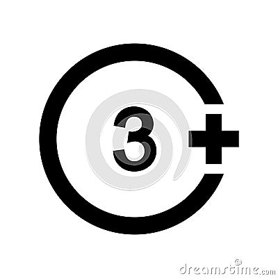 Three plus sign. Number 3 in circle isolated on white background. Age censor symbol. Kids suitable medicine sign. Movie Vector Illustration