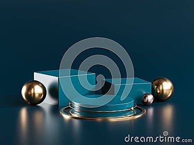 Three Podium Stage Gold Sphere Dark Teal Display Product 3D Rendering Stock Photo