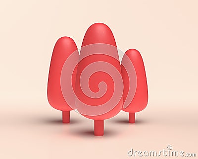 Three Popcicle Trees, monochrome red color 3d Icon tree on white background, solid flat colors,3d Rendering Stock Photo