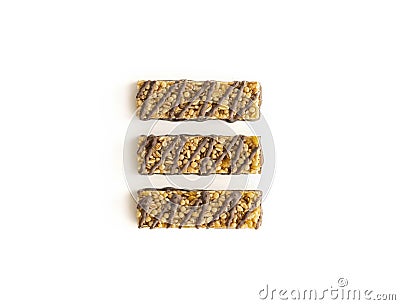 Three popcorn bars with chocolate and caramel on a white background. Stock Photo