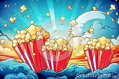 Three popcorn boxes burst with kernels against a sunlit sky Stock Photo