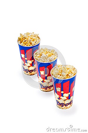 Three Popcorn buckets Stock Photo