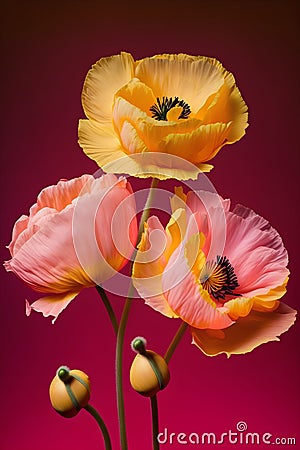 Three poppies on red background, 3d render, square image Stock Photo