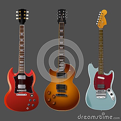 Picture of three different vector electro guitars. Vector Illustration