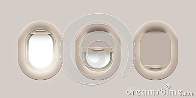 Three porthole airplane windows brown frame set Vector Illustration