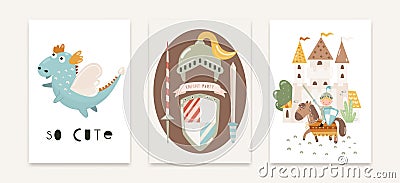 Three posters A knight with a spear and a shield on a horse near the knight`s castle Emblem with knight`s armor and weapons and Vector Illustration