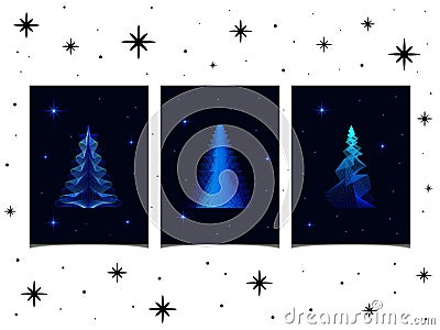 Three posters with modern New Year's blue unusual Christmas trees lines, against dark sky with twinkling blue stars Vector Illustration