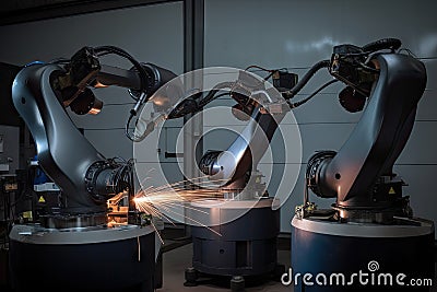 three precision welding robots working side by side on a complicated joint Stock Photo