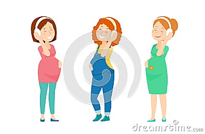 Three pregnant women enjoy music. Vector Illustration