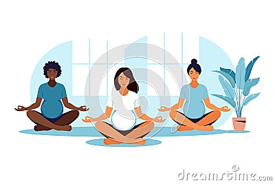 Three pregnant women practicing yoga and meditation in class. Wellness and healthy lifestyle in pregnancy. Vector illustration. Vector Illustration