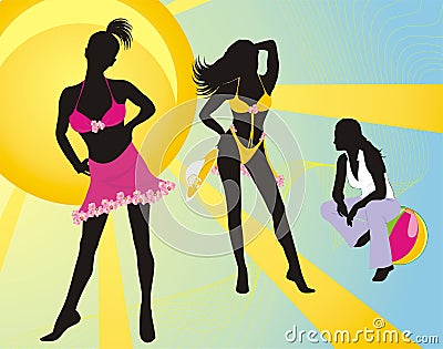 Three pretty girls. Summer composition Vector Illustration