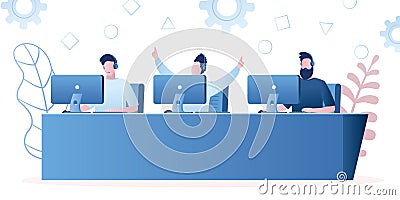 Three professional gamers. Game team with headsets at the table at computer playinng video games Vector Illustration