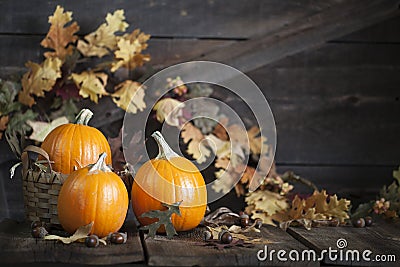 Three Pumpkins Fall Leaves Stock Photo