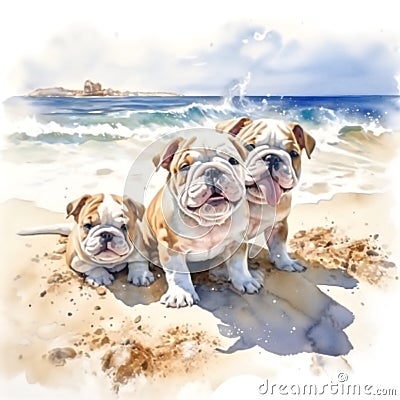 Three Puppies bulldog playing at the beach Stock Photo