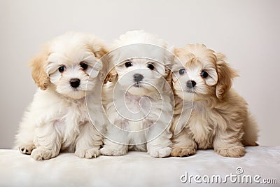 Three puppies of the Shih Tzu breed on a white background, Group portrait of adorable puppies, AI Generated Stock Photo