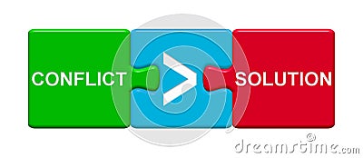 3 Puzzle Buttons showing Conflict and Solution Stock Photo