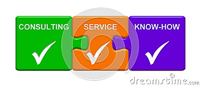 3 Puzzle Buttons showing Consulting Service Know-How Stock Photo