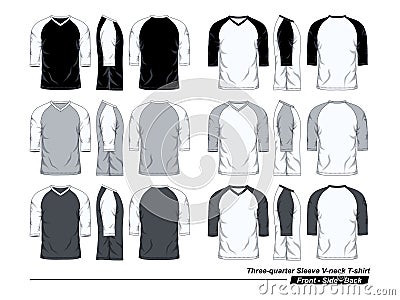 V Neck Three Quarter Sleeve Raglan T-Shirt Template, Black White And Gray Colors Vector Illustration