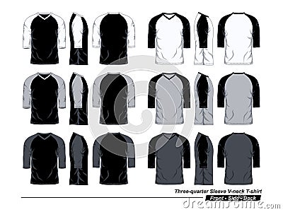 Raglan V-Neck T-Shirt Template, Three Quarter Sleeve, Front, Side and Back View Vector Illustration