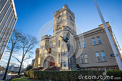 Three quarter view of the White Plains Armory. A historic building in White Plains, New York Editorial Stock Photo