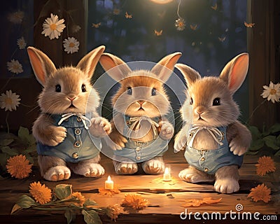 Three rabbits are sleeping in a room with a children's book in it. Cartoon Illustration