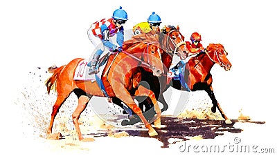 Three racing horses competing with each other. Hippodrome. Racetrack. Equestrian. Derby. Horse sport. Watercolor Cartoon Illustration