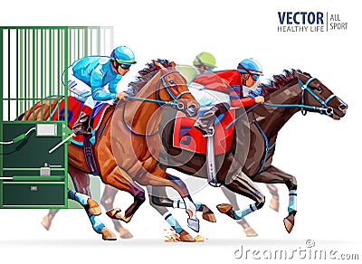 Three racing horses competing with each other. Start gates for horse races the traditional prize Derby. Hippodrome Vector Illustration