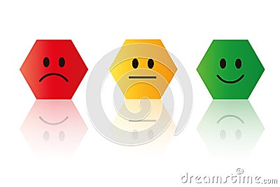 Three rating smiley faces red to green polygon Vector Illustration