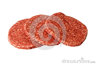 Three raw hamburger patties white background Stock Photo