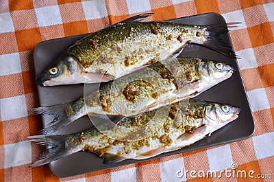 Three raw marinade fish (vimba bream) on the plate Stock Photo