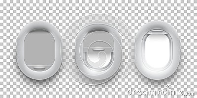 Three realistic airplane fuselage glass porthole. Plane windows open, half opened, closed. White illuminator frame set Vector Illustration