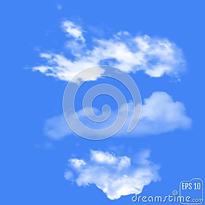 Three realistic clouds on a sky-blue background. Vector illustration Vector Illustration