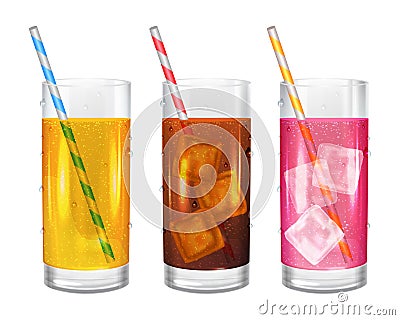 Three realistic glasses of lemonades with straws. Vector Illustration