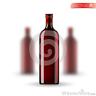 Three realistic mock up red bottle of wine on white. Vector illustration one bottle sharp and two bottles depth of fiel Vector Illustration