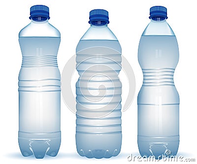 Three realistic plastic bottles with water with close blue cap o Vector Illustration