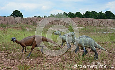 The three of reconstructions of Mesozoic reptiles and amphibians Editorial Stock Photo