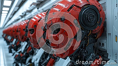 The three red android robots, being Sky-Fi robots, are ready to embark on active pursuits Stock Photo