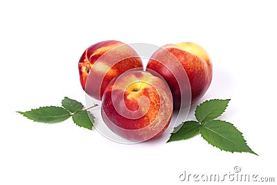 Three red bald peaches on abelom background. Peaches closeup red color Stock Photo