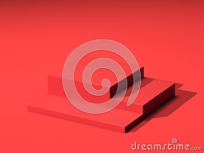 Three Red Blank Rectangular Showcases with Empty Space on Red Background. 3d rendering. Minimalism Concept. Copy Space Stock Photo