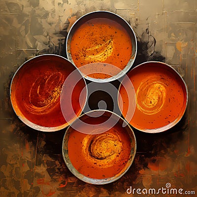 Four Bowls Of Soup A Rustic Ternary In The Style Of Martin Stranka Stock Photo